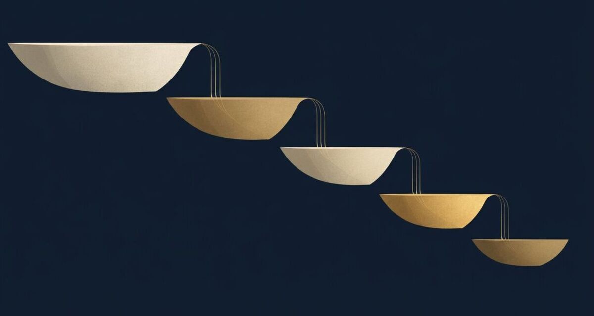 Nested ivory and gold tiers cascading downward to the right, drawn as an equity waterfall
