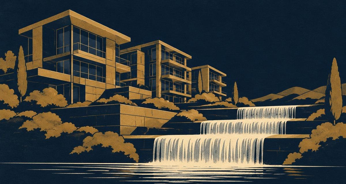 Abstract navy and gold composition illustrating real estate equity waterfalls: preferred return, catch-up and promote